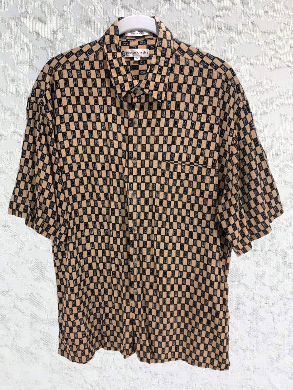Pierre Cardin Vintage Rayon Geometric Button Down Shirt Gold & Black Men Size L